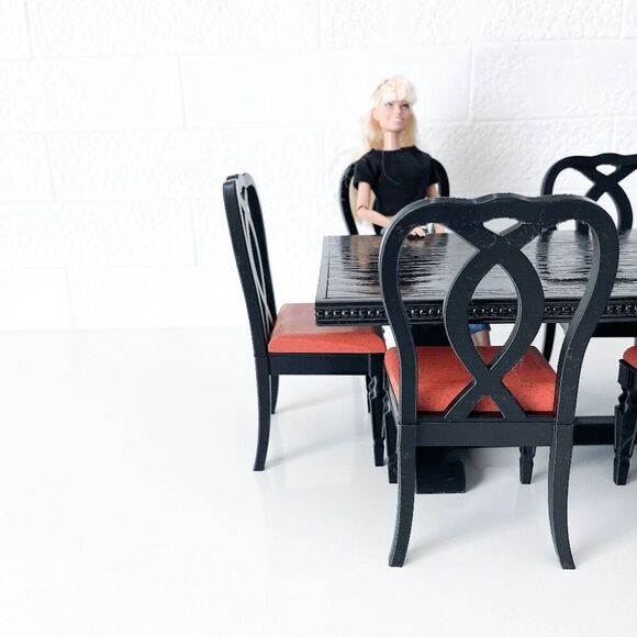 One-of-a-Kind Miniature Oak Wood Dining Trestle Table & 8 Chair Set 1:6 Scale - Picture 4 of 14